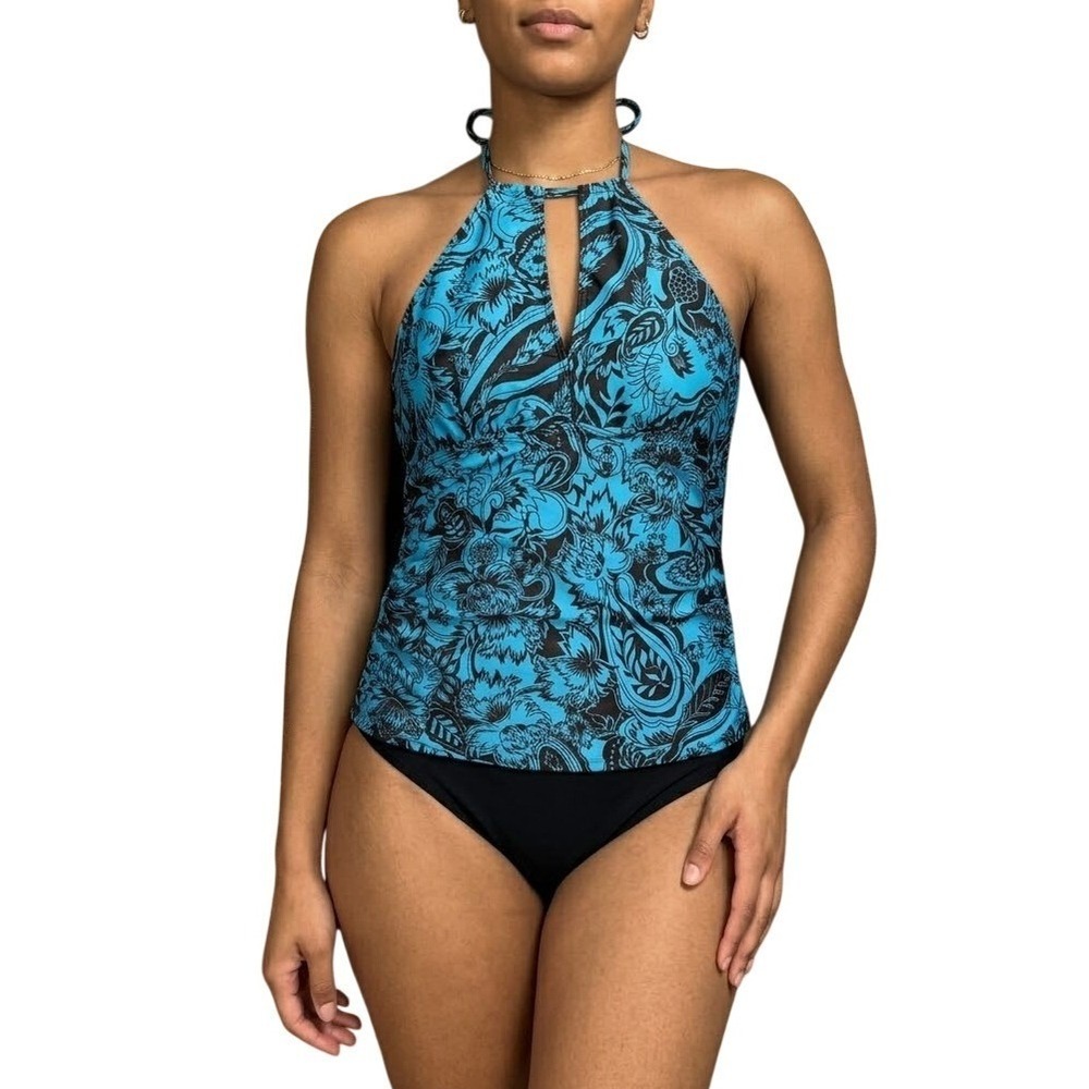 Yonique Turquoise Black Floral Paisley Halter Tankini Swim Top Ruched Medium NWT